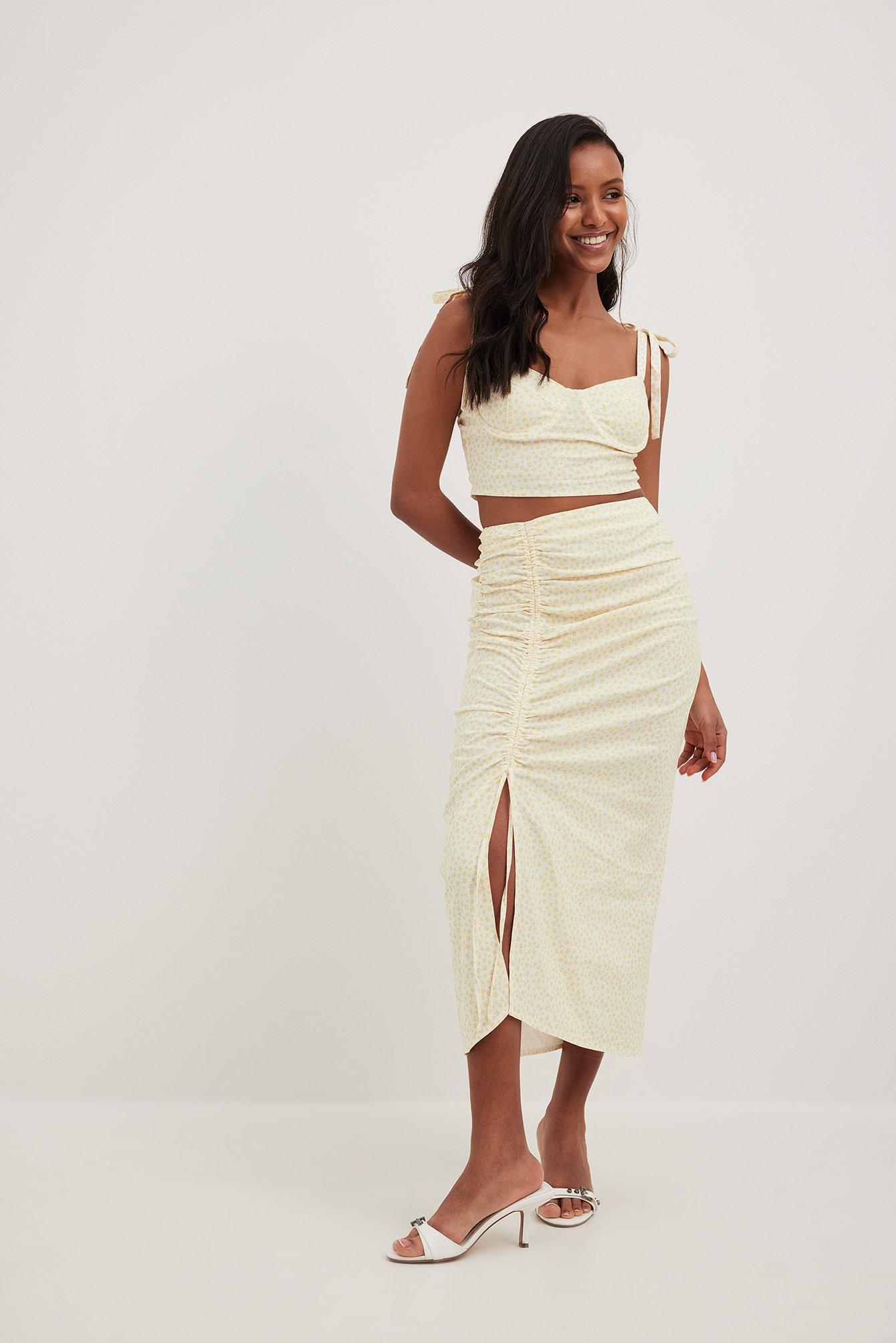 Linen Blend Gathered Detail Midi Skirt Product Image