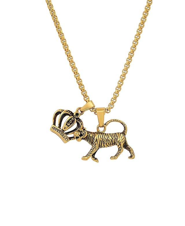 Steeltime Mens 18k Gold Plated Stainless Steel Tiger and Crown Pendant Necklaces Product Image