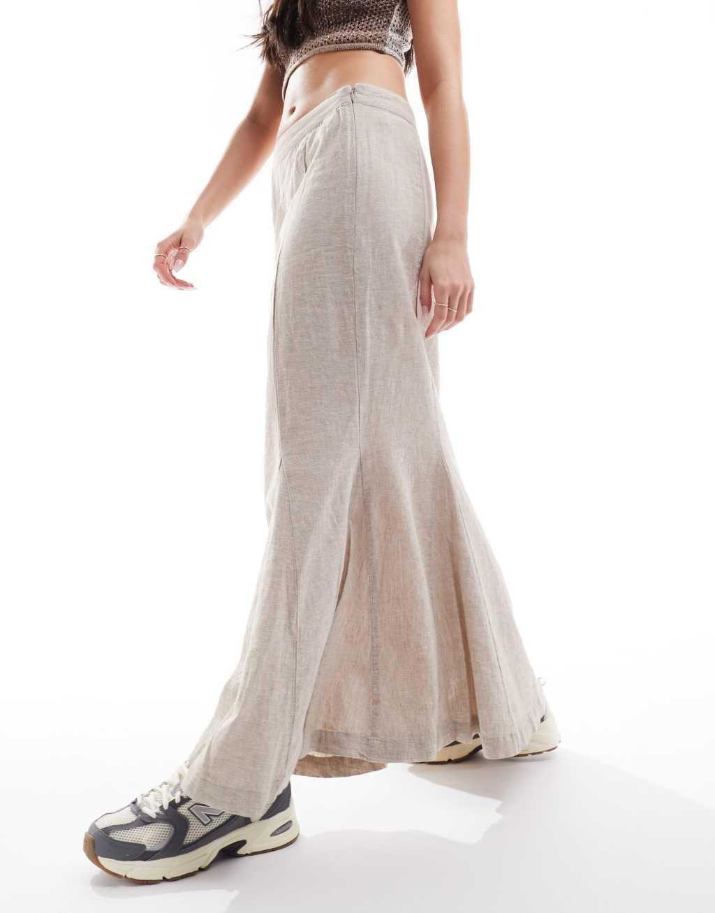 Monki longline linen mix maxi tube mermaid skirt in beige Product Image