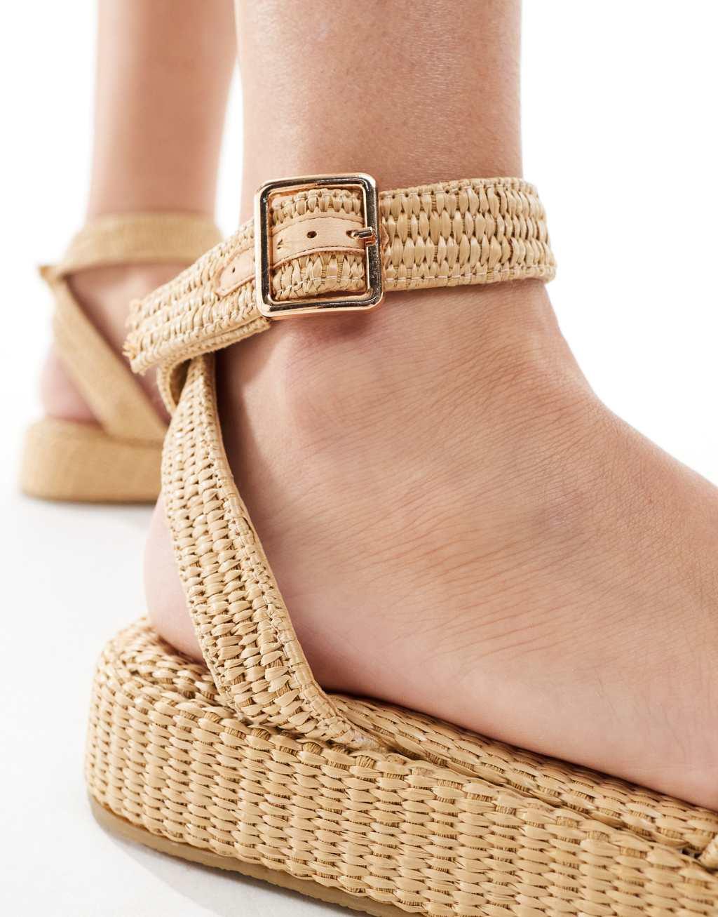 Truffle Collection wide fit raffia ankle strap sandal in natural Product Image