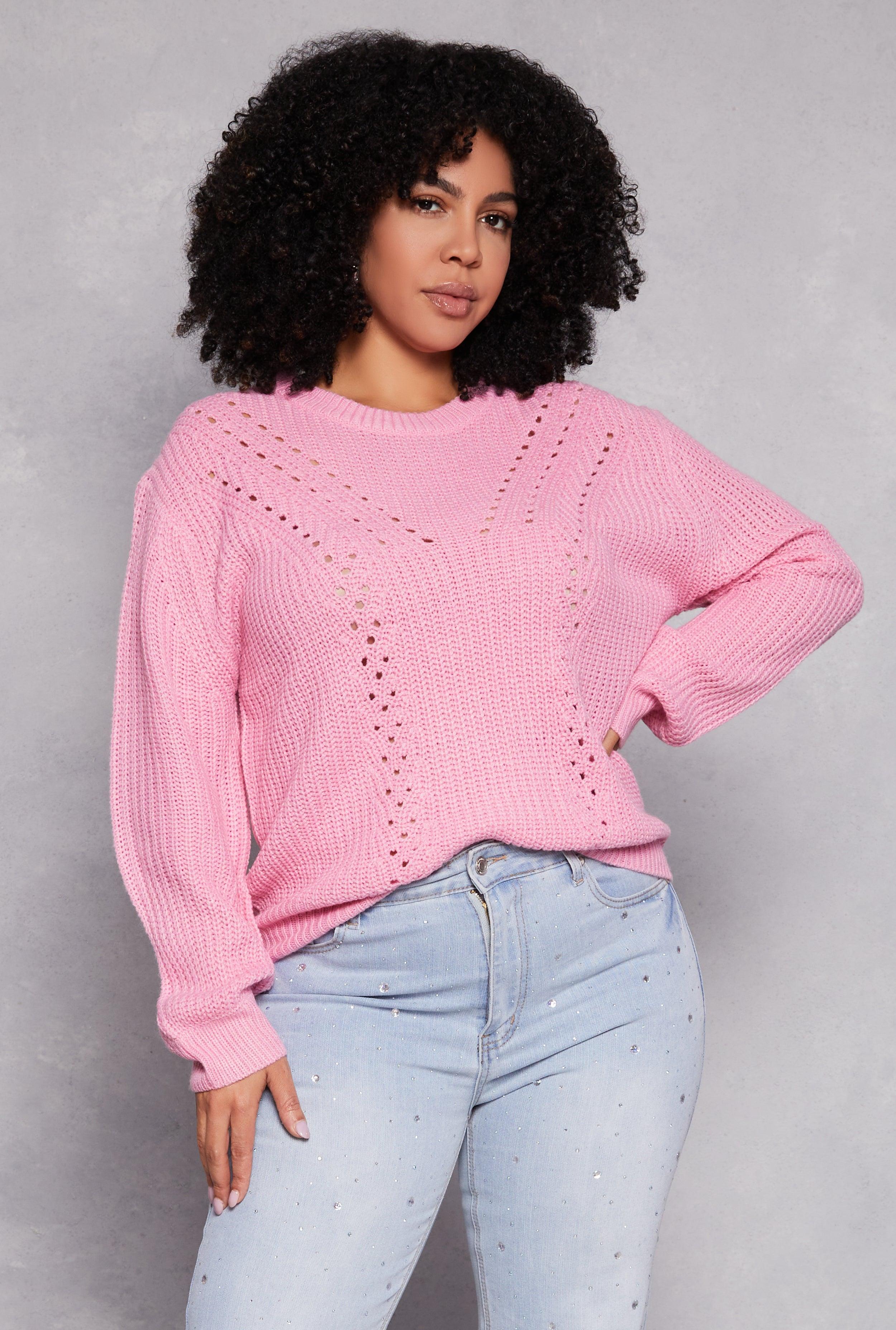 Womens Plus Size Pointelle Knit Crew Neck Sweater Product Image