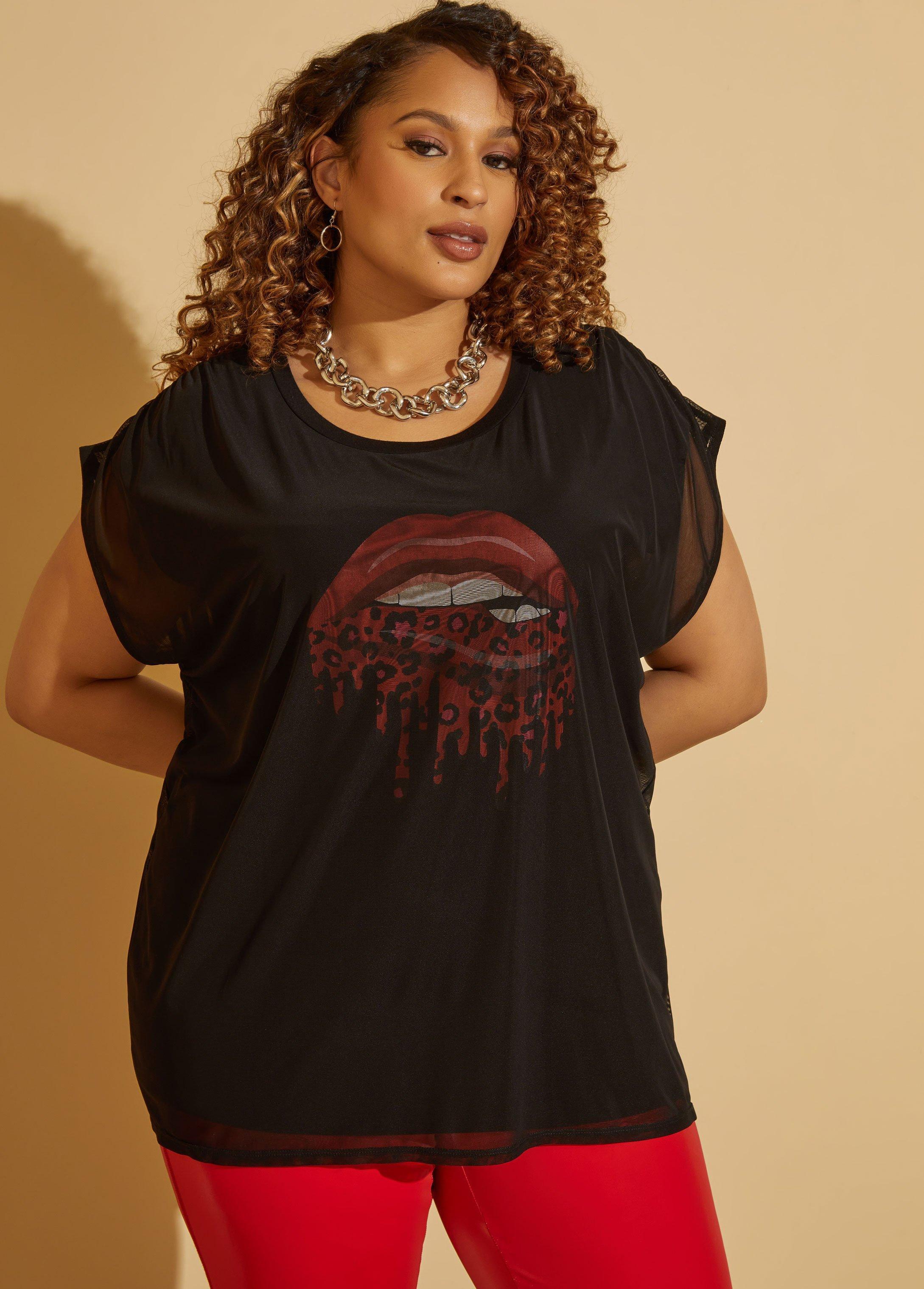 Plus Size Mesh Layered Lips Graphic Tee Ashley Stewart Product Image