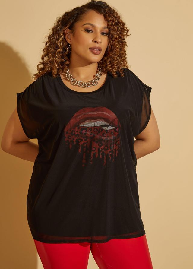 Plus Size Mesh Layered Lips Graphic Tee Ashley Stewart Product Image