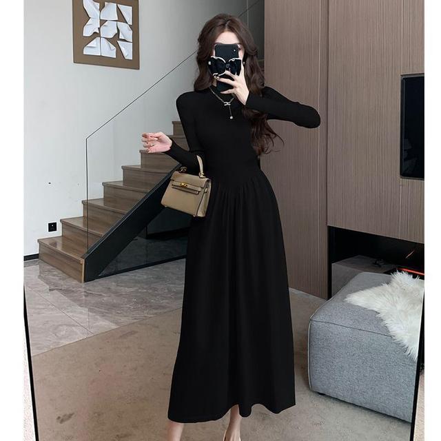 Long Sleeve Mock Neck Plain Gathered Knit Midi A-Line Dress Product Image