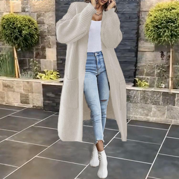 Plain Ribbed Open Front Long Cardigan Product Image