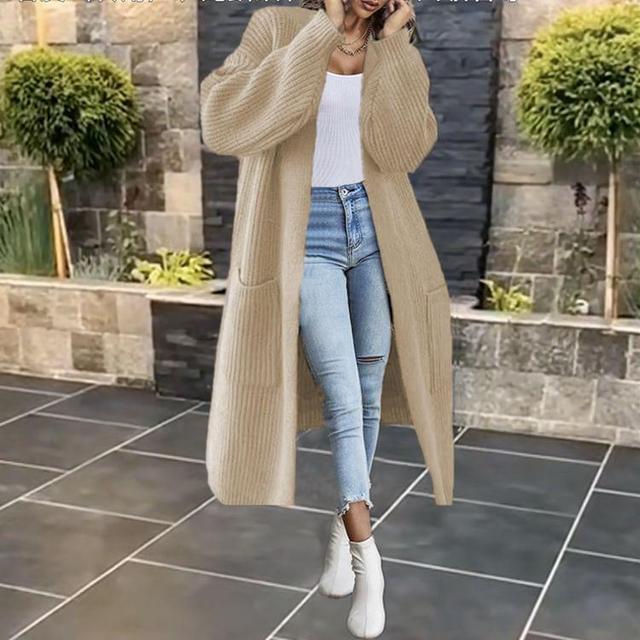 Plain Ribbed Open Front Long Cardigan Product Image