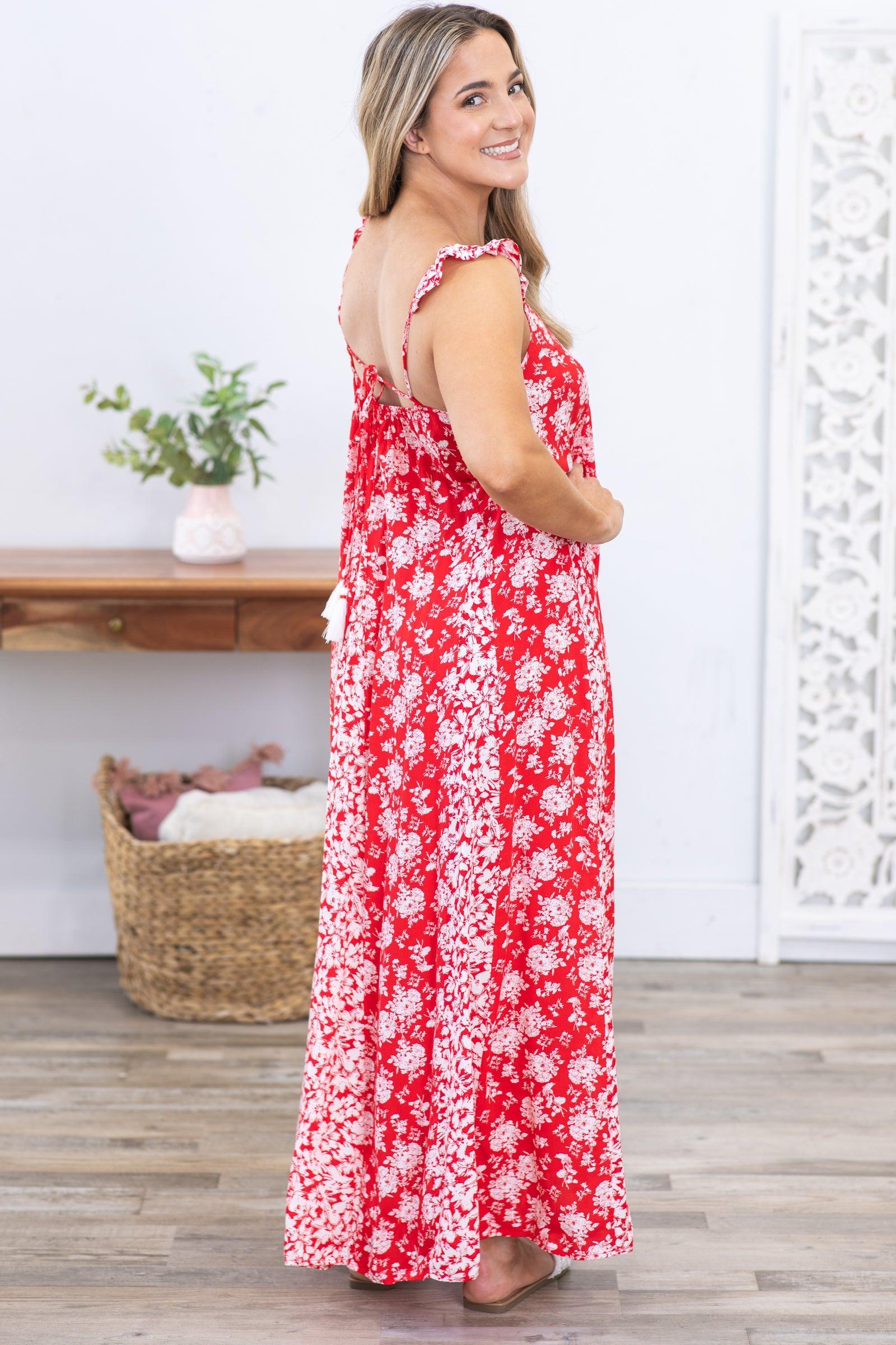 Red Floral Maxi Dress With Criss Cross Back Product Image