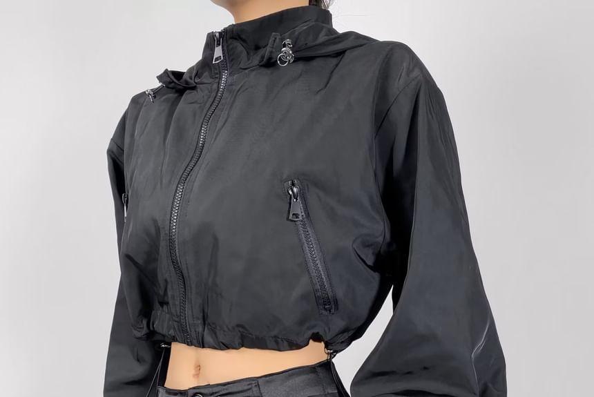 Plain Drawstring Crop Zip Jacket Product Image