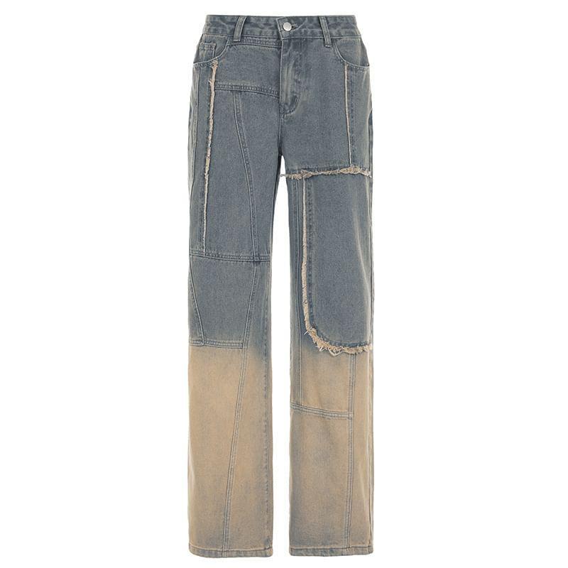 Mid Waist Gradient Fringed Washed Loose Fit Jeans Product Image