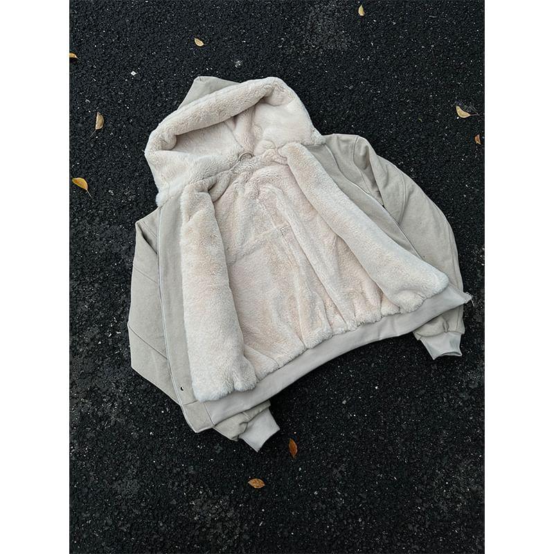 Plain Hooded Fleece-Lined Zip-Up Jacket Product Image