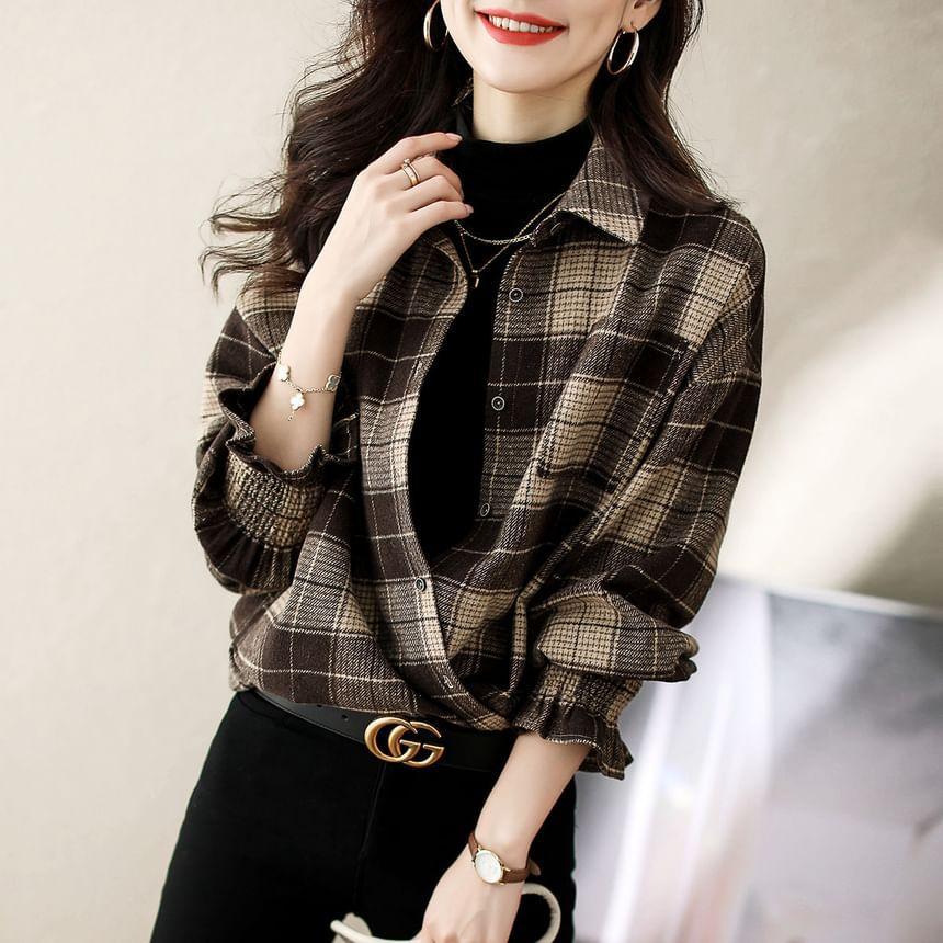 Long-Sleeve Plaid Pocket Detail Oversized Shirt Product Image