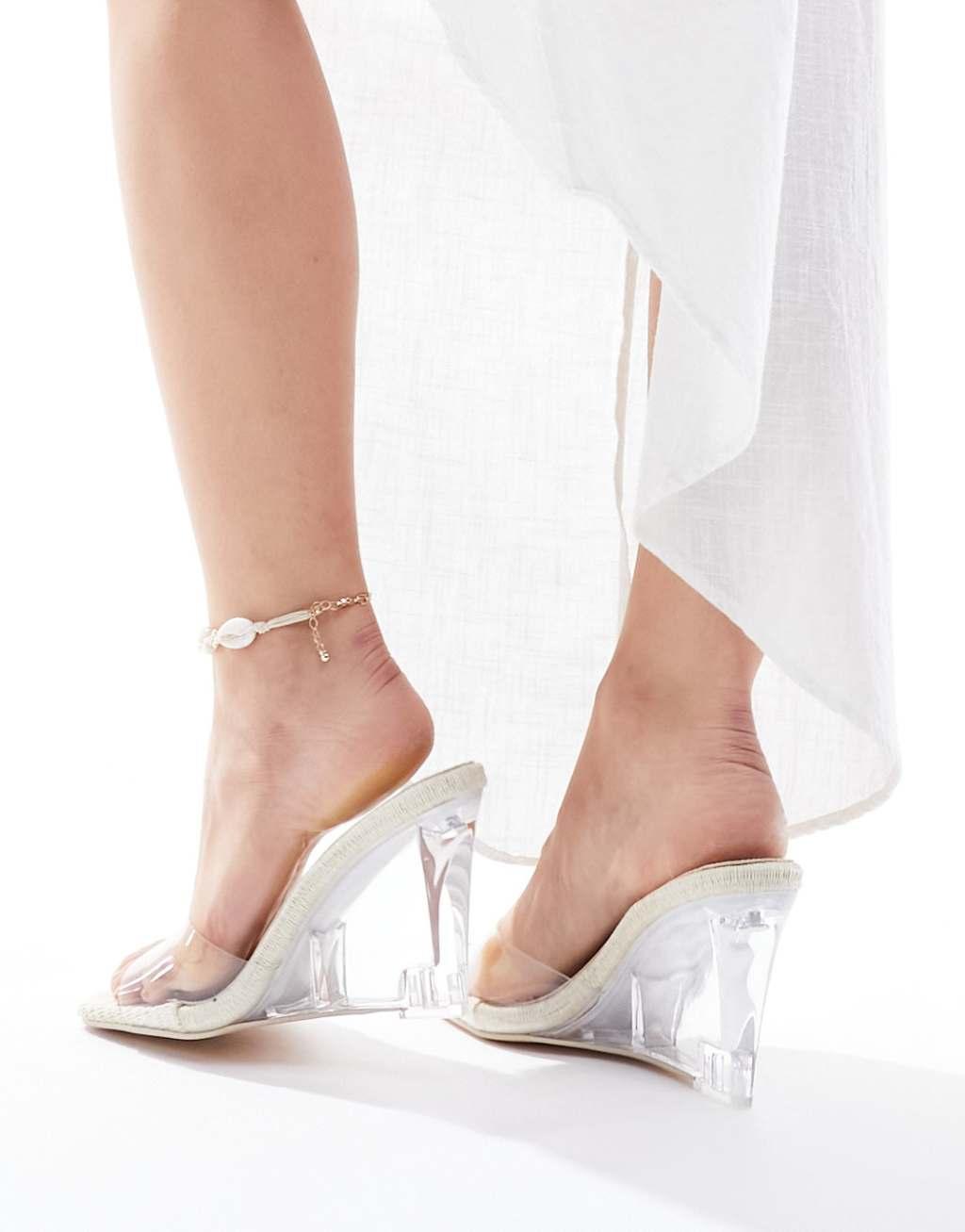 Public Desire Wide Fit Iggy wedge heeled lucite mules in clear Product Image