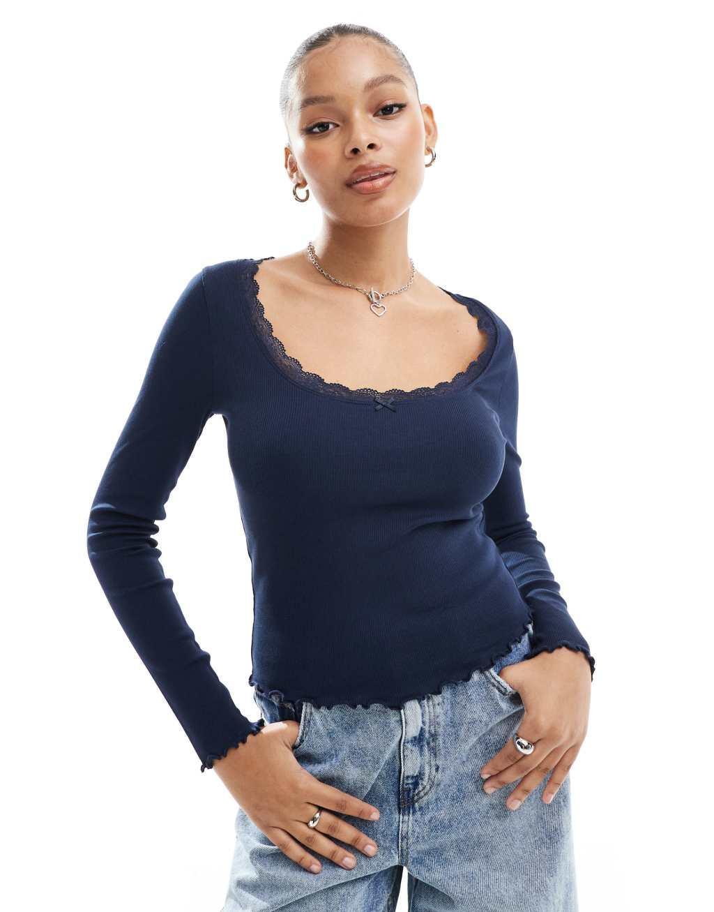 ASOS DESIGN scoop neck lace detail long sleeve t-shirt in navy Product Image