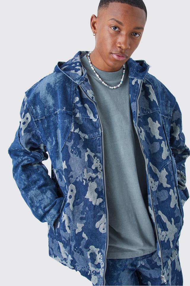 Spliced Camo Hooded Denim Zip Through Jacket | boohooMAN USA Product Image