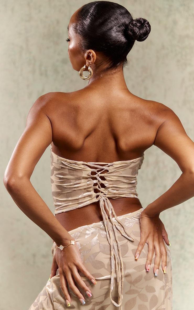 Taupe Floral Devore Ruched Front Bandeau Corset Product Image