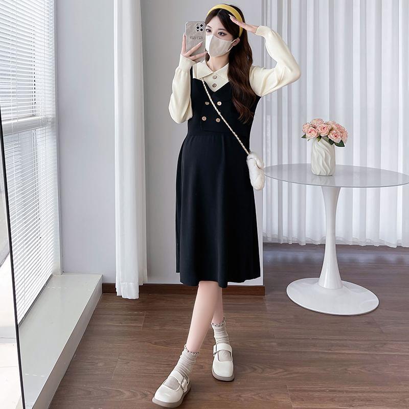 Maternity Long-Sleeve Collar Two Tone Mock Two-Piece A-Line Dress Product Image