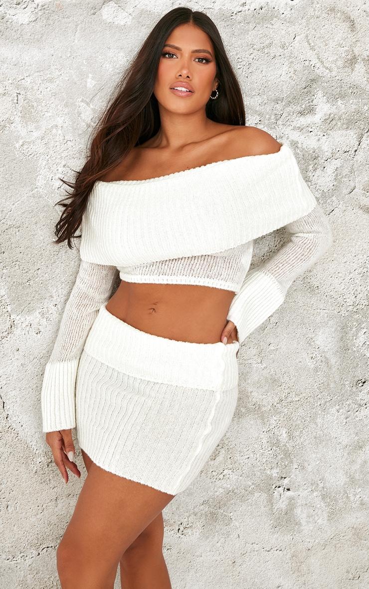 Shape Cream Fold Over Knitted Mini Skirt Product Image