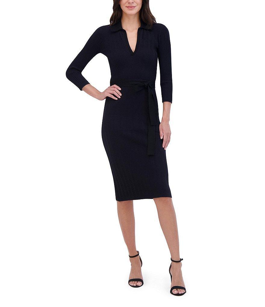 Eliza J Ribbed Split V Collar Neck Long Sleeve Tie Waist Midi Dress product image