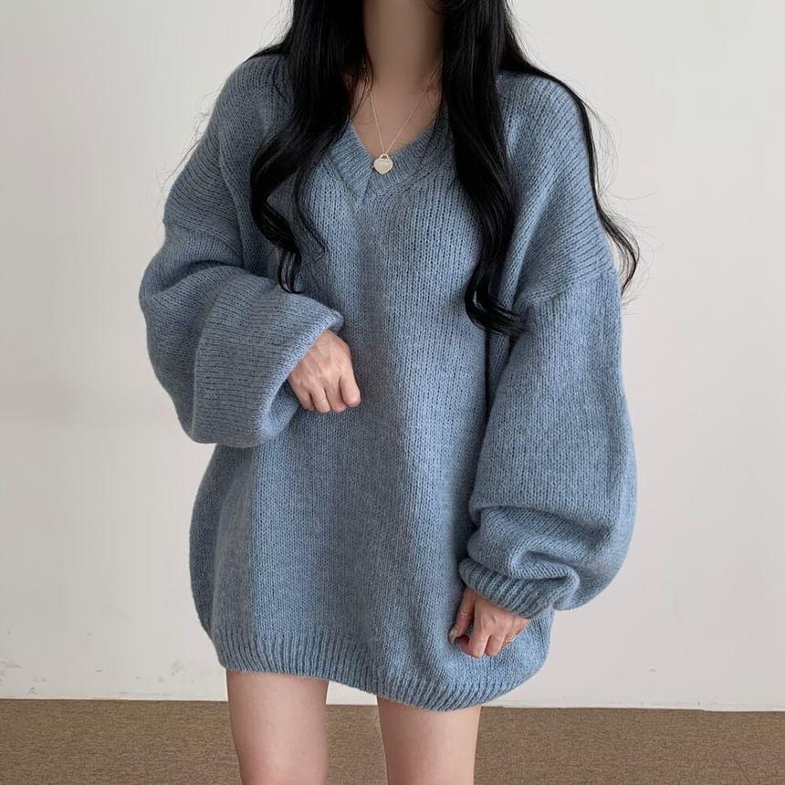 V-Neck Plain Oversized Sweater Product Image