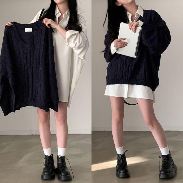 Long Sleeve V-Neck Plain Cable-Knit Loose-Fit Sweater Product Image