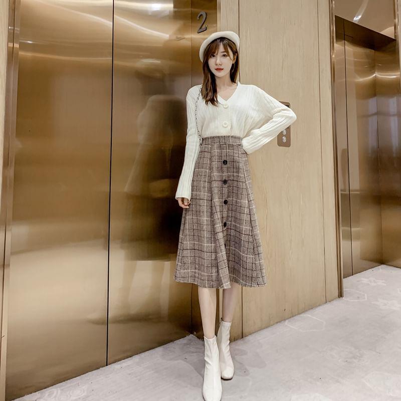 High Rise Plaid Button Accent Midi A-Line Skirt Product Image