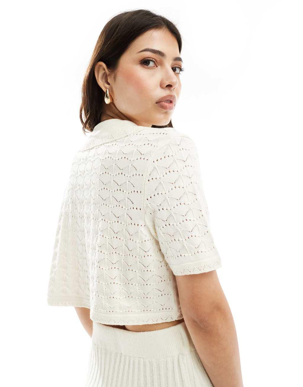 ASOS DESIGN knit polo top with stitch detail in cream Product Image