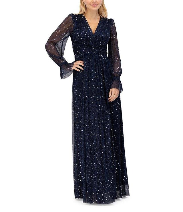 Eliza J Pleated Metallic Knit V-Neckline Puff Shoulder Long Sleeve Gown Product Image