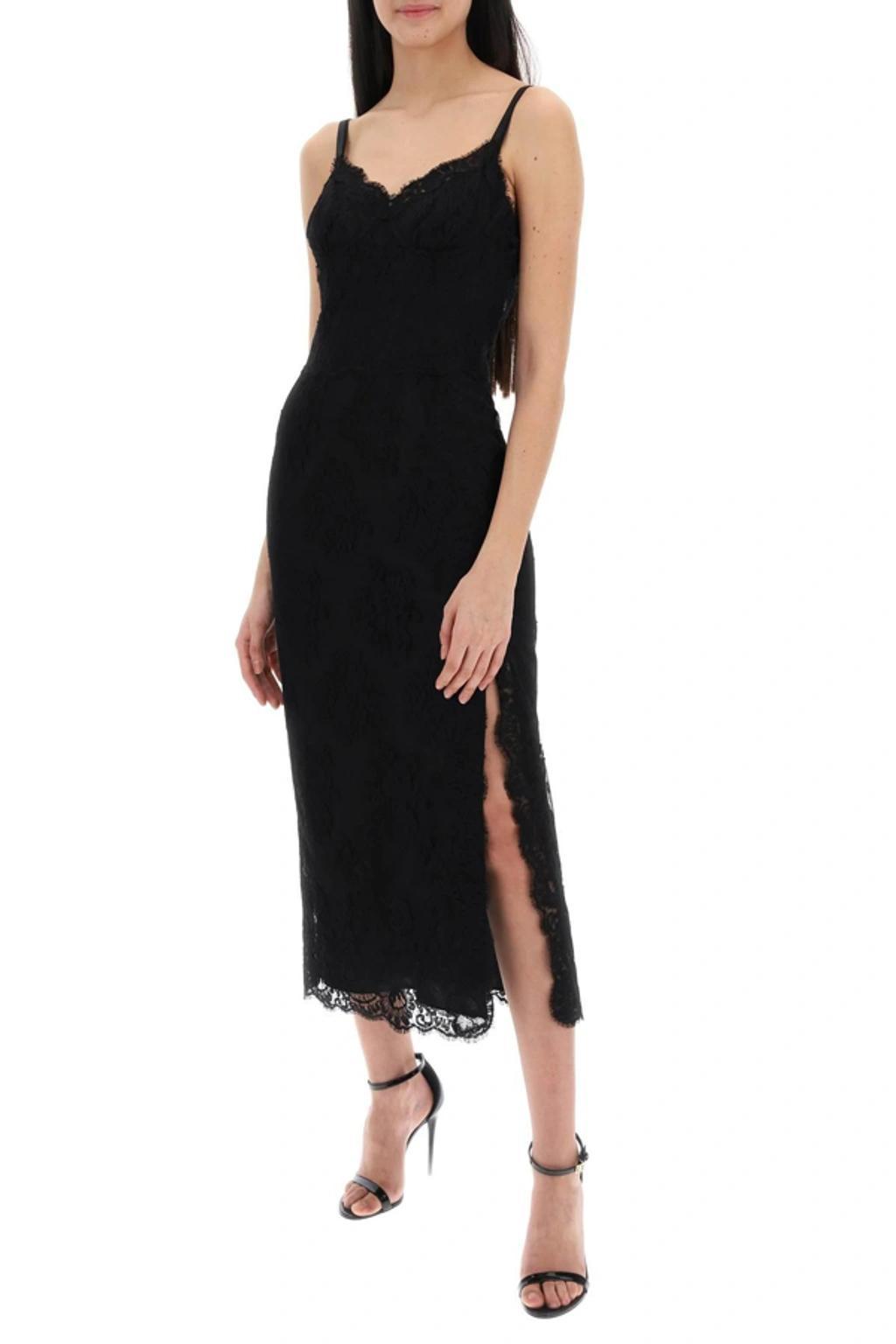 DOLCE & GABBANA Abito Midi In Pizzo Con Spacco In Black Product Image