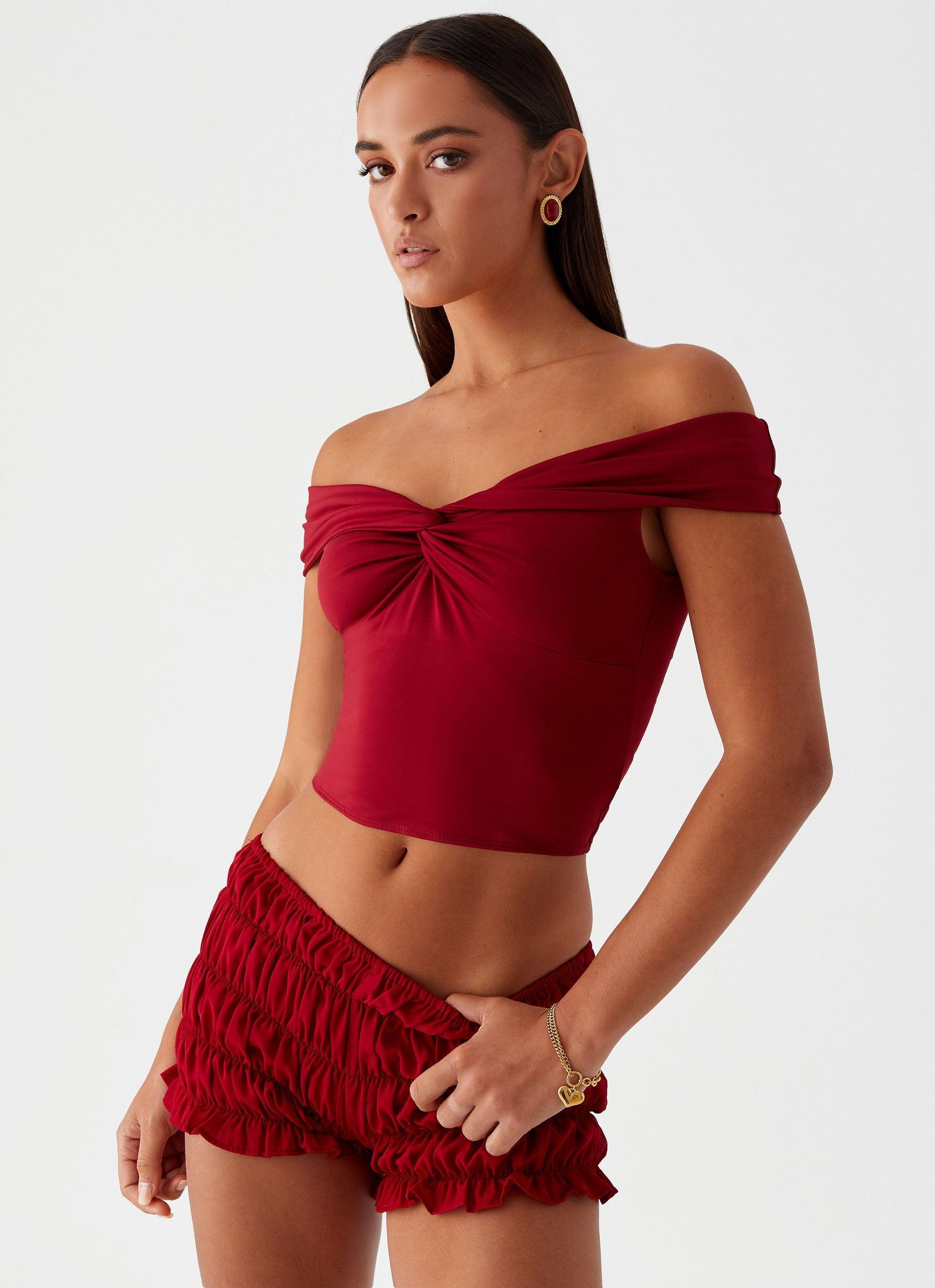 Trixie Twist Off Shoulder Top - Maroon Product Image