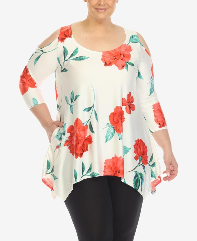 White Mark Plus Size Floral Printed Cold Shoulder Tunic Top - White Product Image