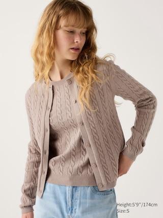 Womens Cable Crew Neck Cardigan Beige Medium UNIQLO US Product Image