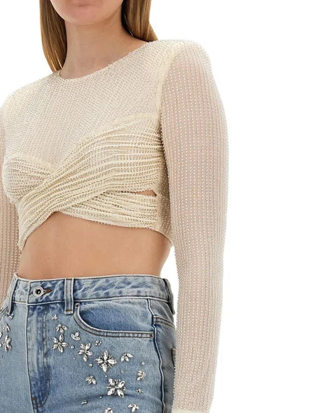 Beaded Mesh Crossover Strap Cropped Top In Beige Product Image