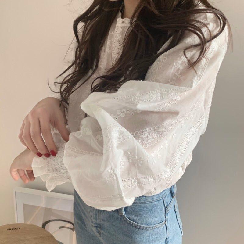 Round Neck Long-Sleeve Lace Blouse Product Image