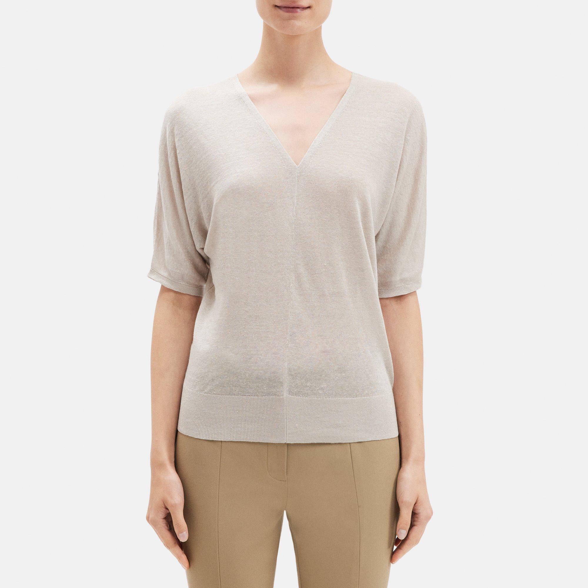 Knit Linen V-Neck Short-Sleeve Sweater | Theory Outlet Product Image