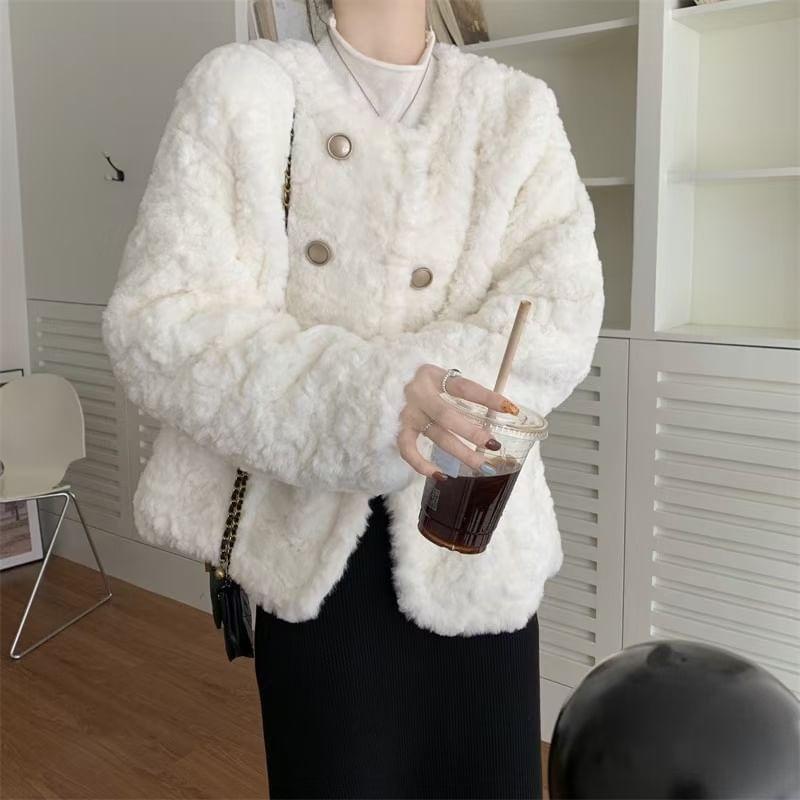 Round Neck Plain Fleece Double-Breasted Jacket Product Image