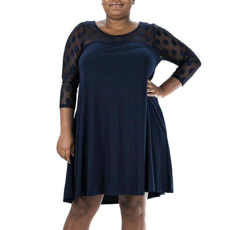 Plus Size Nina Leonard Dot-Mesh Yoke Swing Dress, Womens Blue Product Image