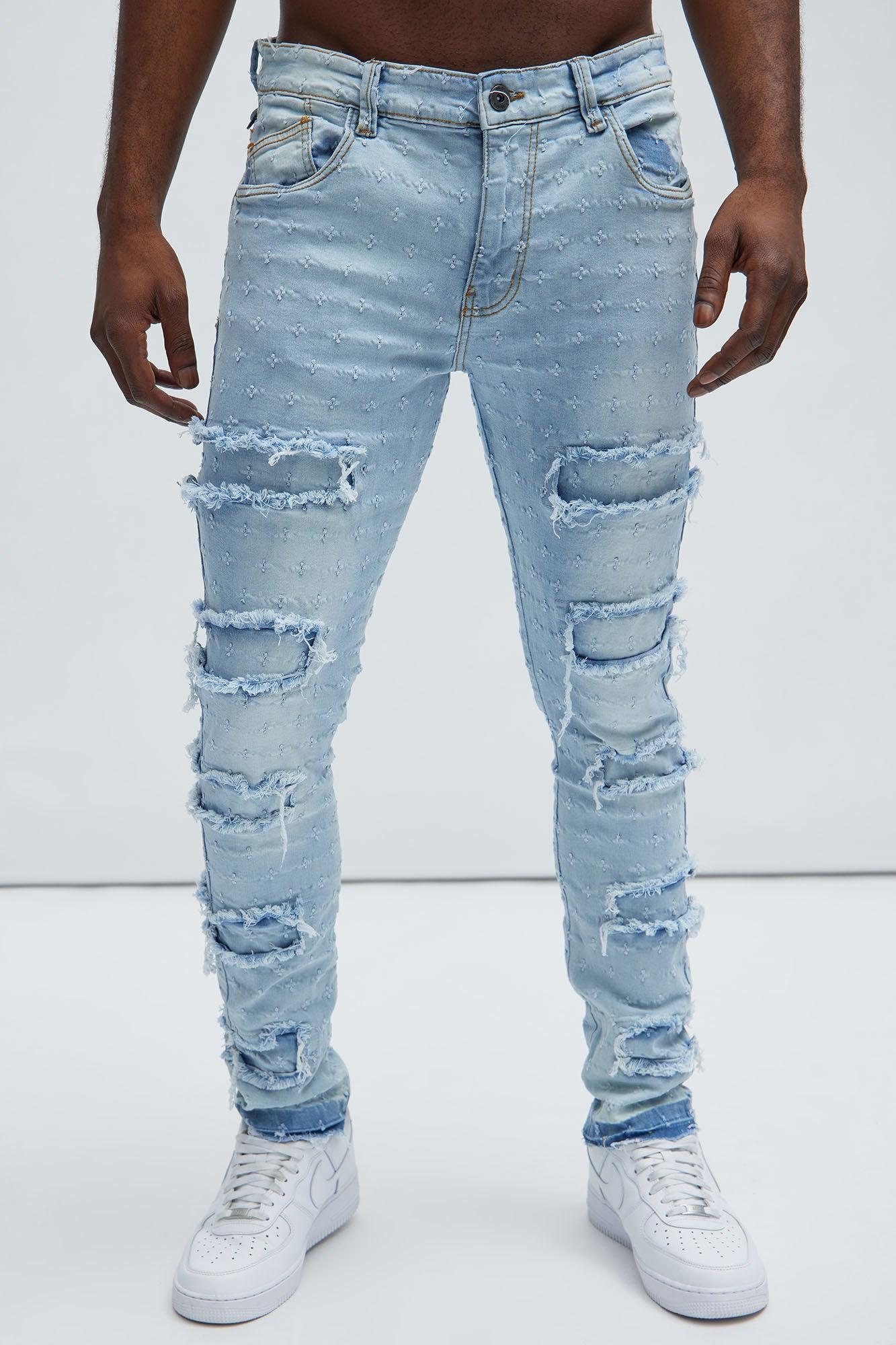 With Me Distressed Jacquard Skinny Jeans - Light Blue Wash product image