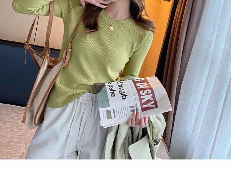 Long-Sleeve Round Neck Plain Ribbed Knit Top Product Image