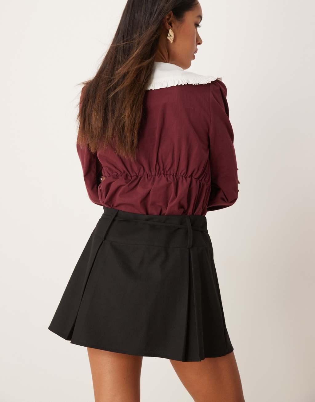 ASOS DESIGN tailored box pleats tie waist mini skirt in black Product Image