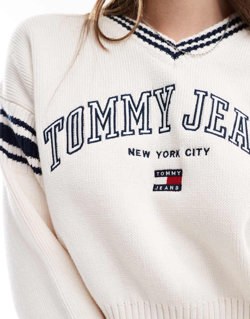 Tommy Jeans crop varsity v neck sweater in white Product Image