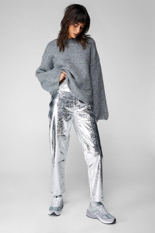 Metallic Crackle Faux Leather Trousers Product Image