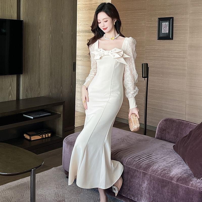 Long-Sleeve Bow Lace Panel Midi Mermaid Dress Product Image