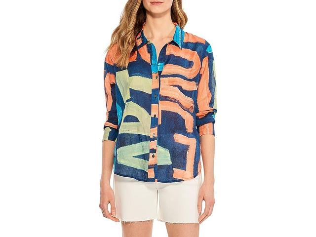 NIC+ZOE Love Art Joy Crinkle Shirt (Indigo Multi) Women's Clothing Product Image