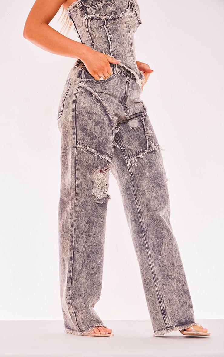 Washed Grey Frayed Raw Hem Straight Leg Jeans Product Image