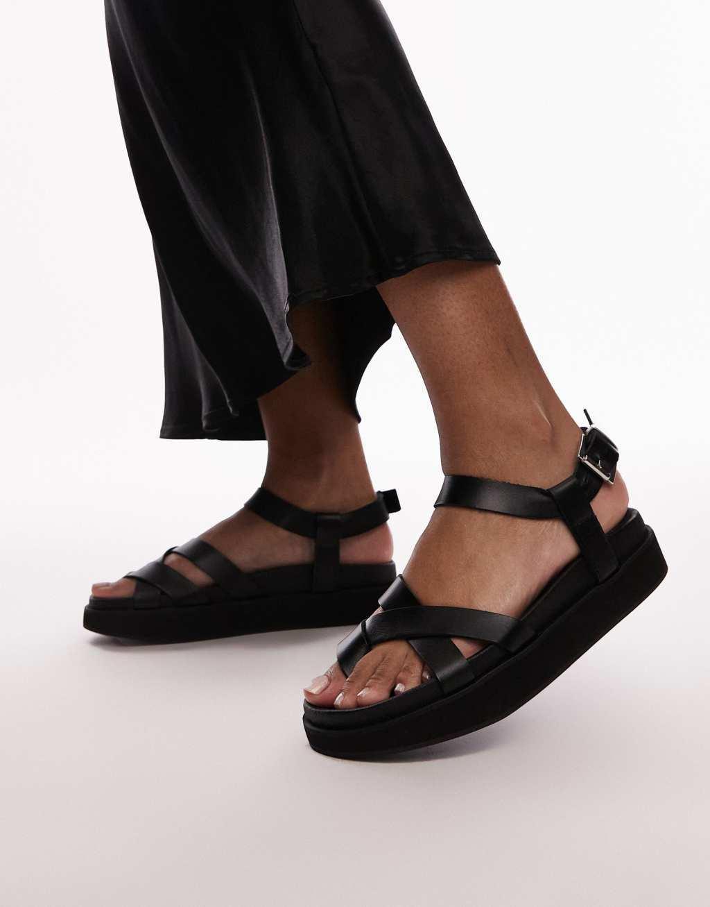 Topshop Jaya premium leather toe loop strappy sandals in black Product Image