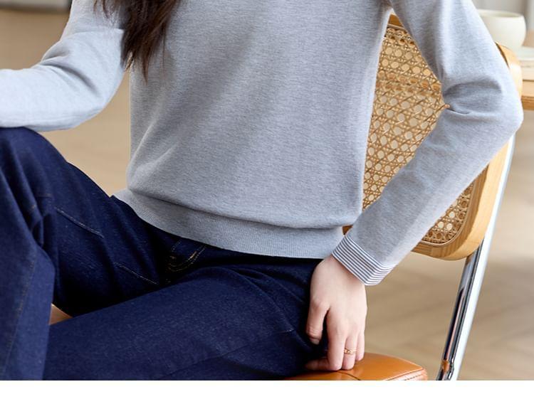 Long-Sleeve Collared Mock Two-Piece Striped Panel Knit Top Product Image