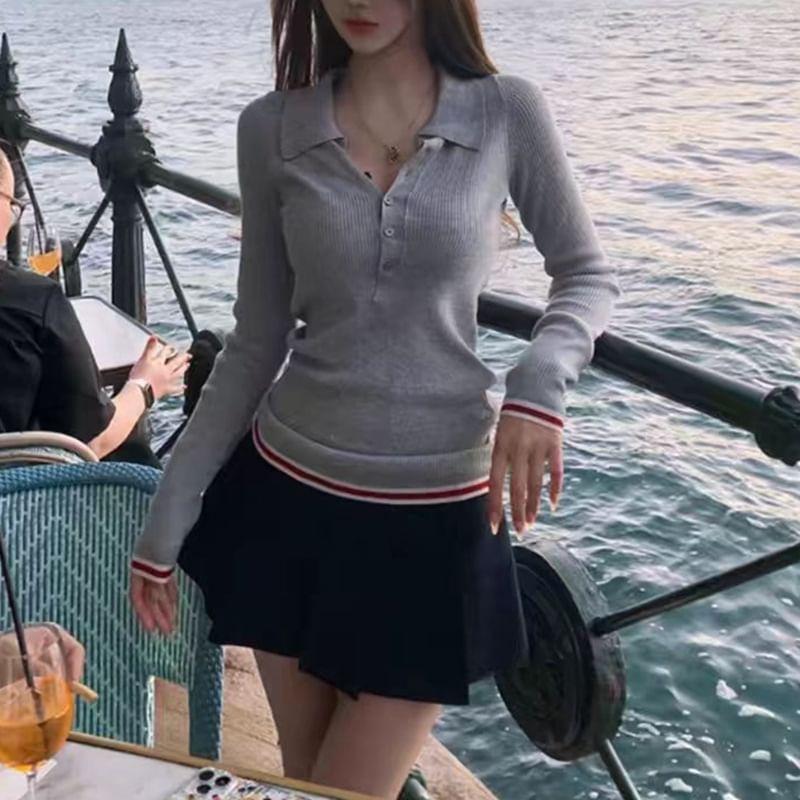 Long-Sleeve Striped Trim Knit Polo Top Product Image