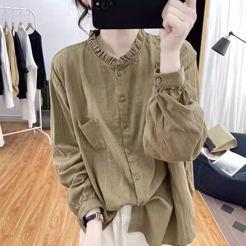 Long-Sleeve Plain Frill Trim Pocket Detail Blouse Product Image