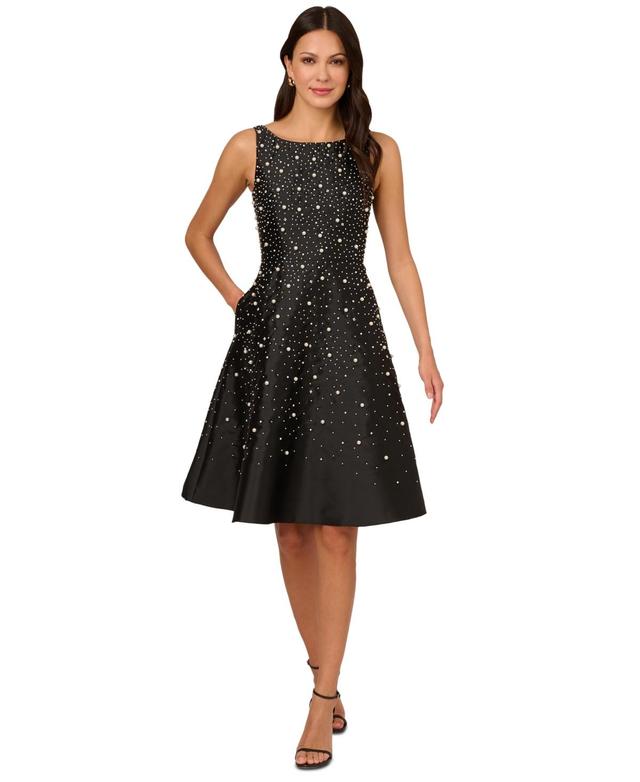 Adrianna Papell Womens Beaded Fit & Flare Taffeta Dress - Black Product Image