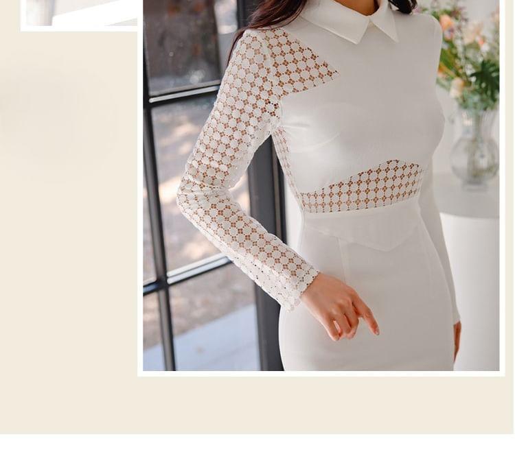 Long-Sleeve Collar Plain Lace Panel Slit Sheath Dress Product Image